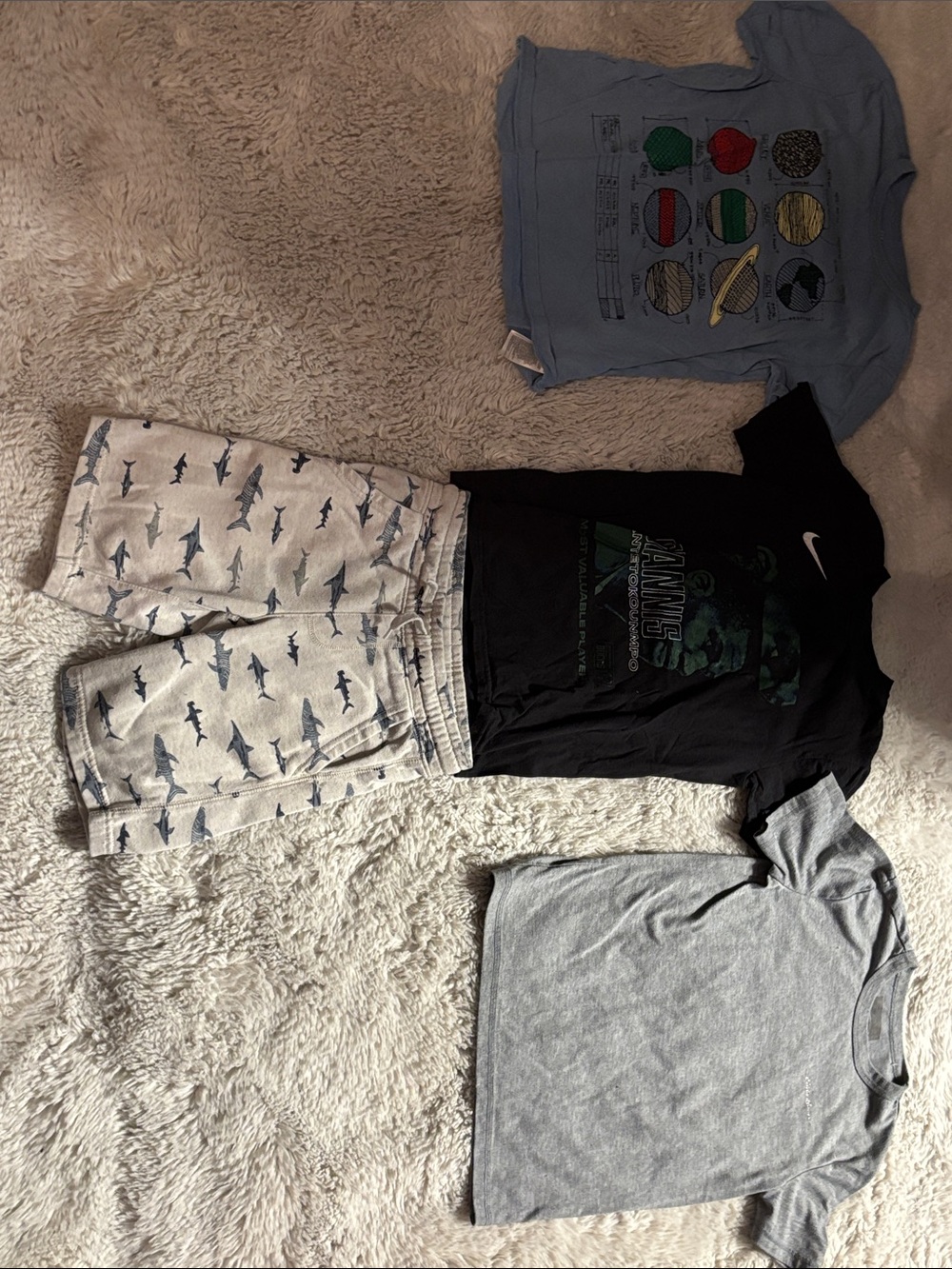 Boys size 8 t-shirts and shorts — Nike Giannis, planets, sharks shorts
